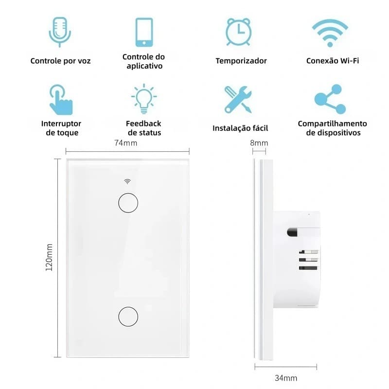 Interruptor Inteligente Wi-Fi Touch 2 Botões, Compatível com Alexa e Google Home, Controle por App Smart Life