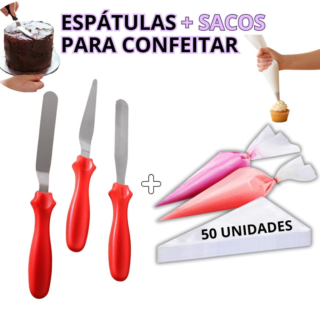 Kit Espátulas de Confeitar Profissional Inox + 50 Sacos Descartáveis 29cm Confeitaria