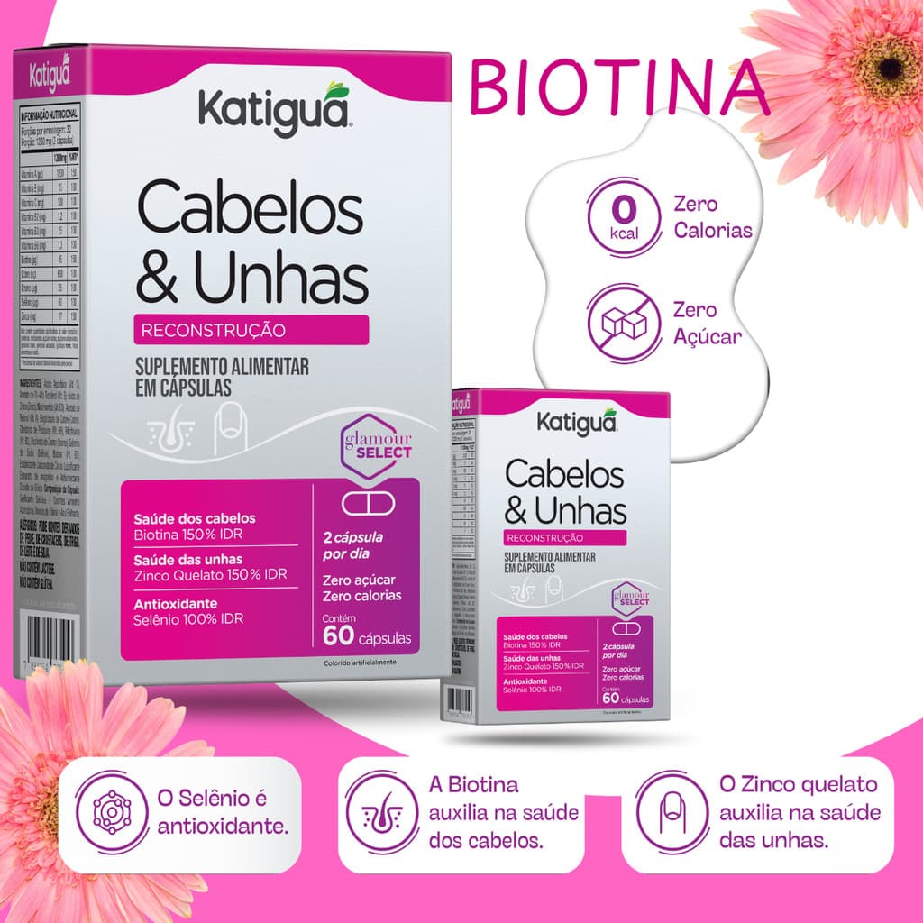 Kit 2 Biotina Cabelos e Unhas 60 Caps Sem Açúcar Sem Glúten Sem Lactose Suplemento
