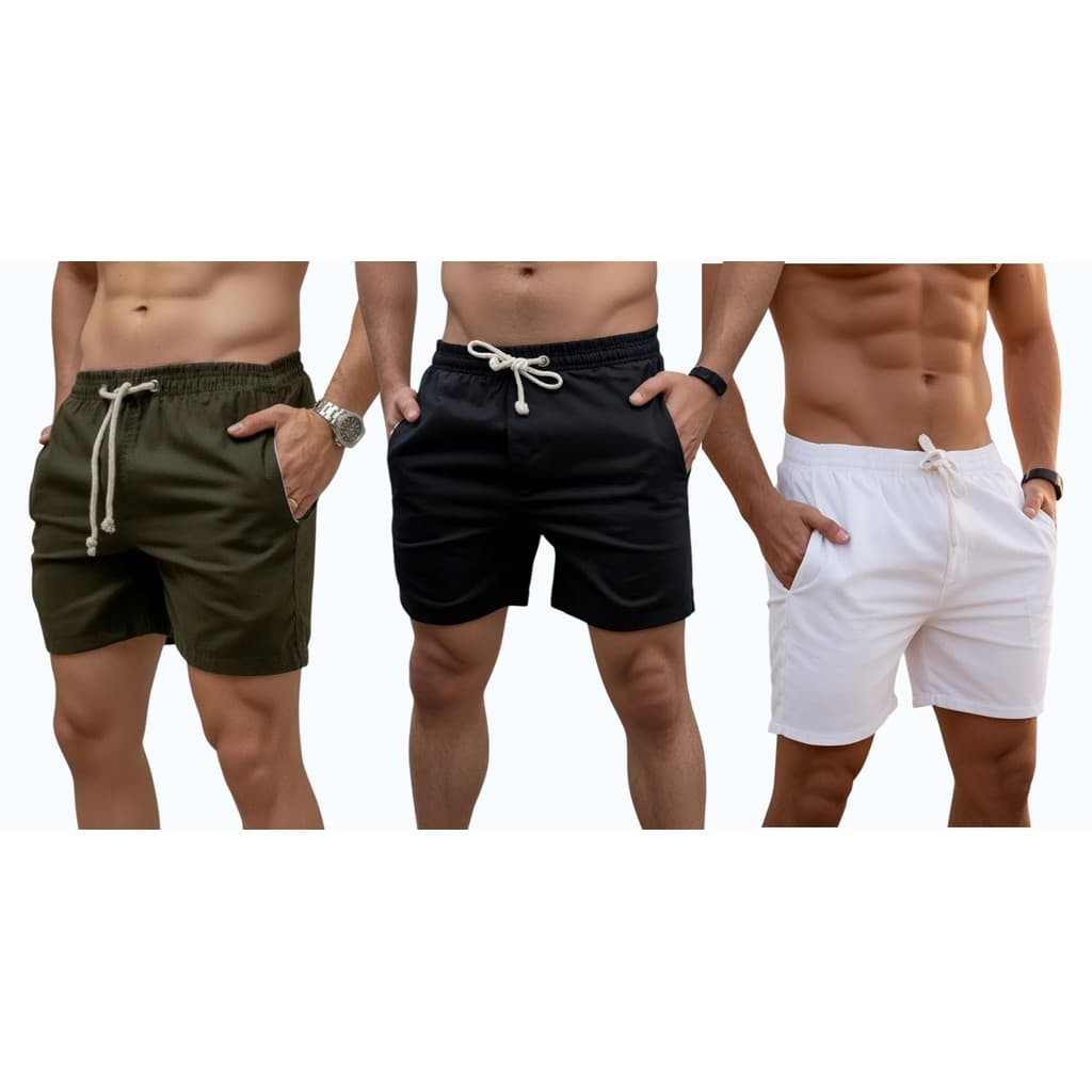 Kit 3 Short de Linho Masculino Mauricinho Premium Bermuda Casual Slim