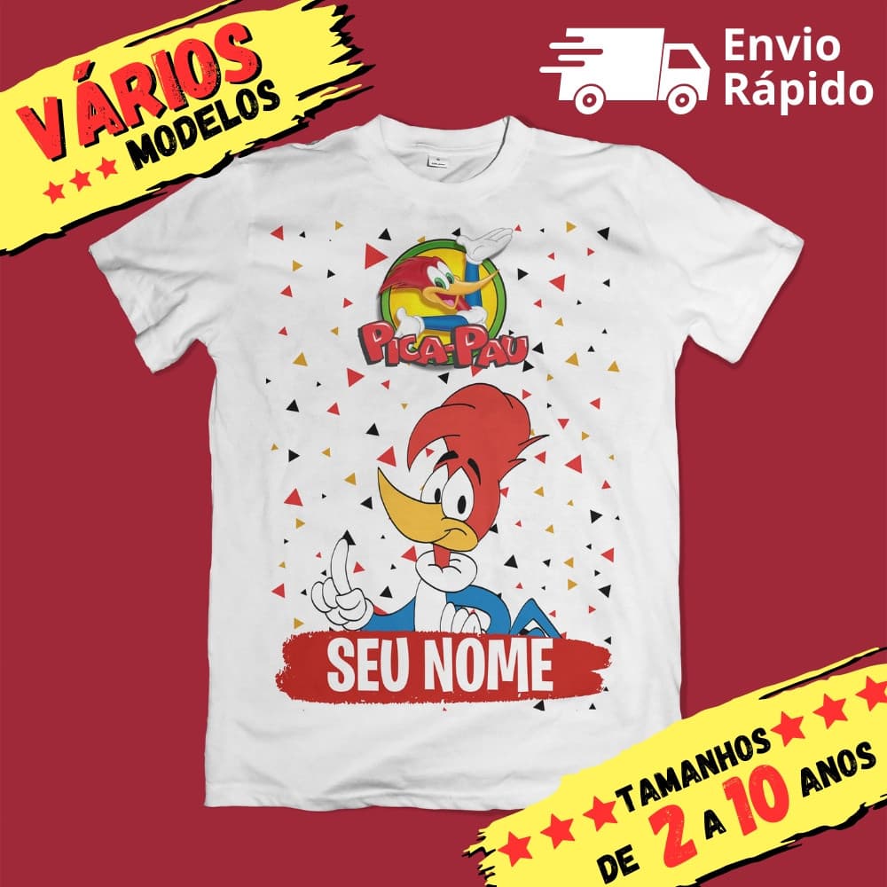 Camiseta Infantil Pica-Pau personalizada com nome (opcional) Pica Pau
