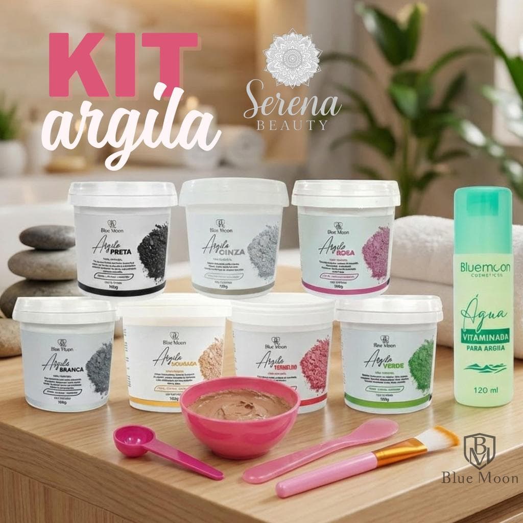Kit Argila Facial Blue Moon 100g com Acessórios e Água Vitaminada – Argila para Rosto Spa Facial Corpo e Cabelo