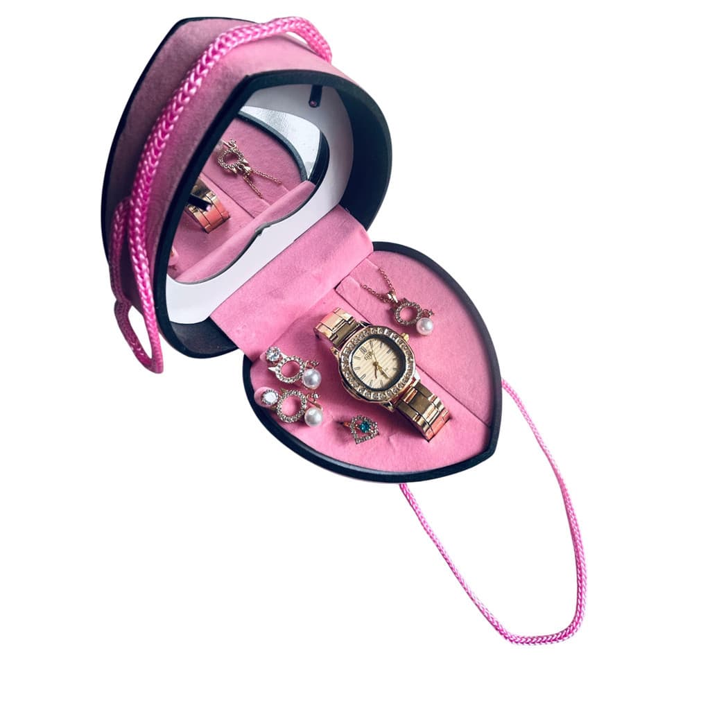 Kit Feminino de Relógio e Joias Feminino Caixa Coração Rosa