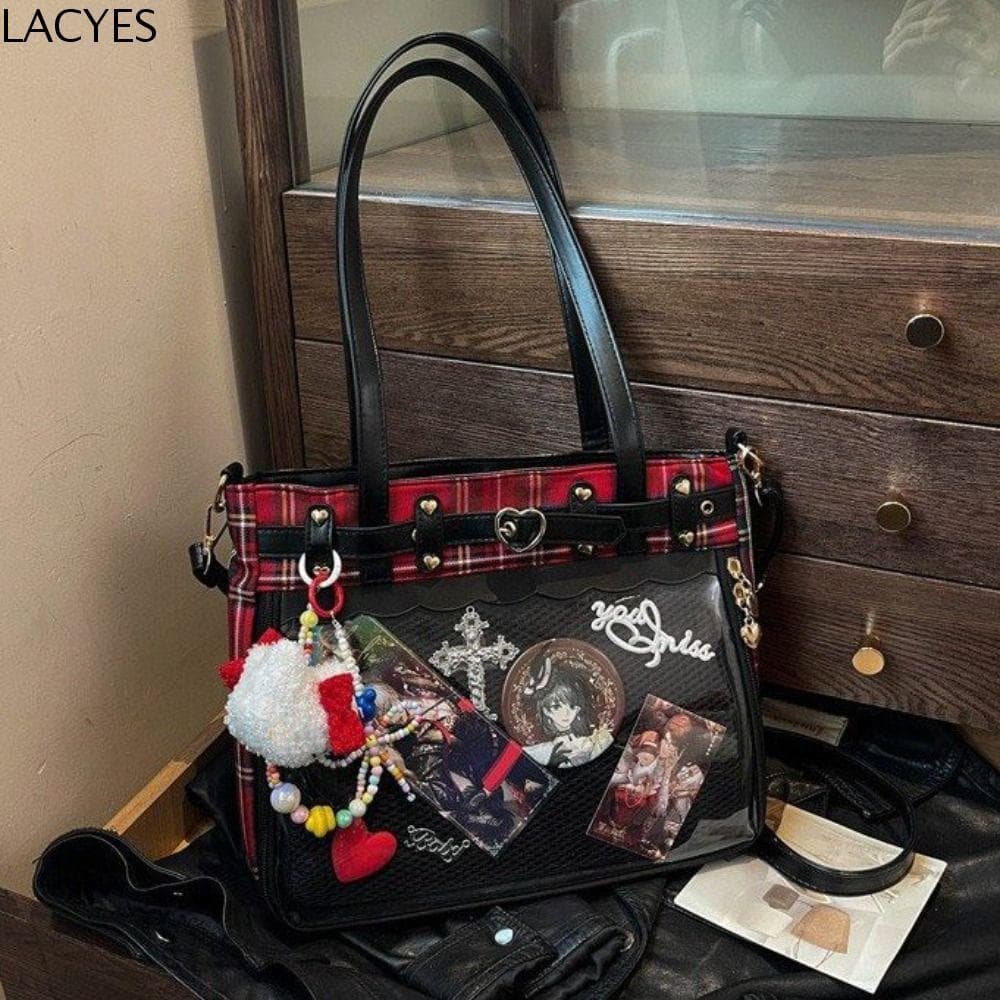 LACYES Cartoon Anime Itabag , Y2K Lattice JK Crossbody Bag , Kawaii Spicy Girl Bolsa De Ombro Transparente Japonesa