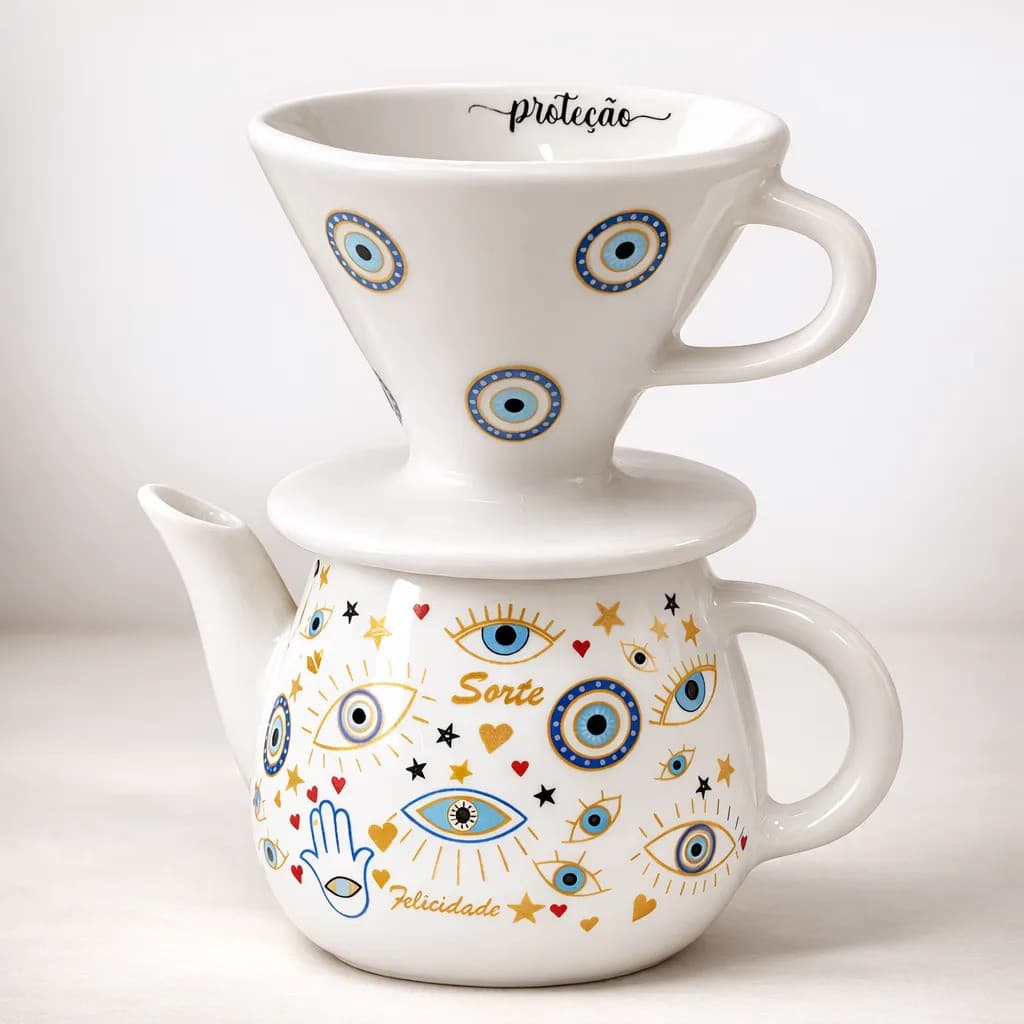 Kit Café Coador Com Bule 500ml Cerâmica Olho Grego Mão
