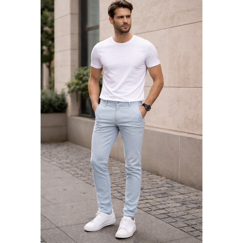 Calça Masculina Slim Fit Azul Claro Sarja Casual Social Moderna