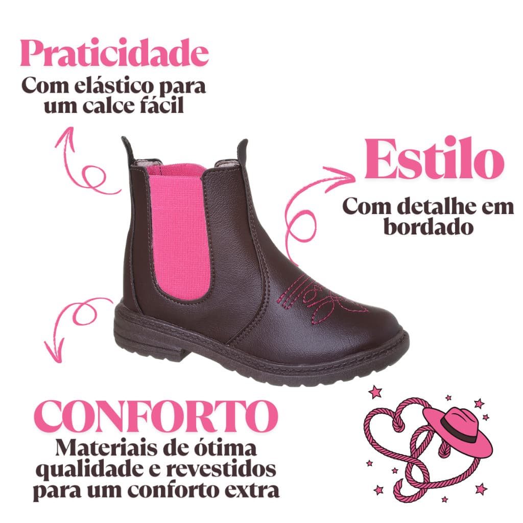 Bota jeca Infantil Feminina Jequinha Estilosa Confortável Bota Cowntry Meninas Rosa