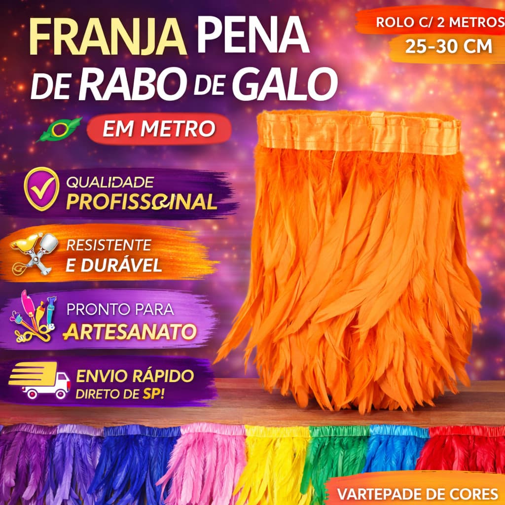 Franja de Pena Rabo de Galo 25-30cm Rolo 2 Metros Fantasia Carnaval Artesanato Decoração