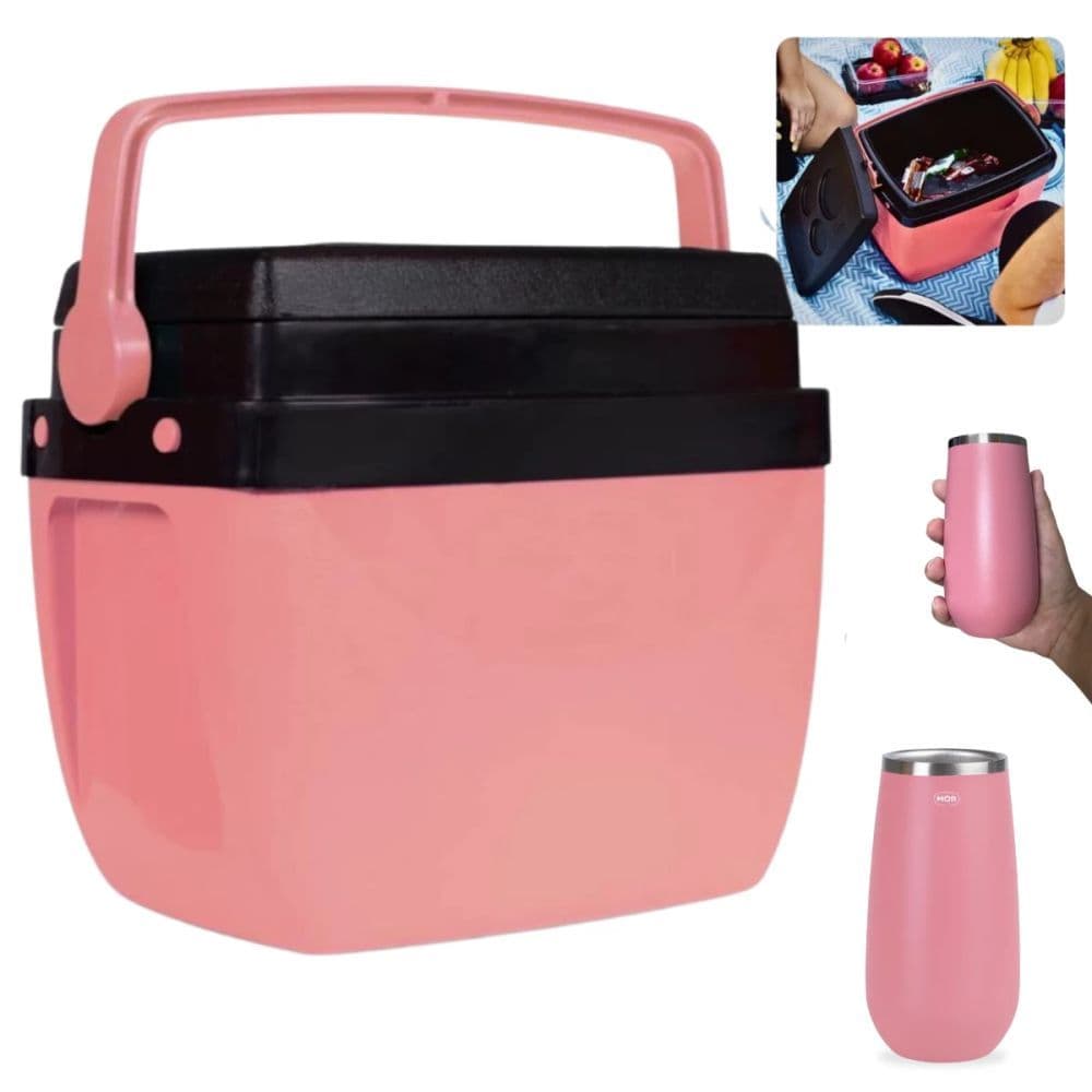 Caixa Térmica Pequena Rosa 12l + Copo Térmico 165 Ml Champagne Rose em Aço Inox