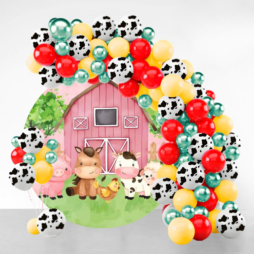 Kit Festa150 Balões Fazendinha + Fita Arco - Vaquinha Balão Bexiga Liso/Cromado Para Aniversários