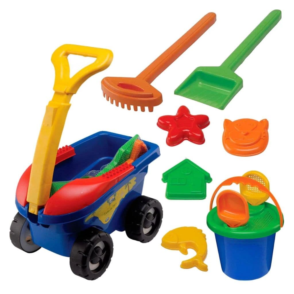 Carrinho de Praia com Baldinho +pazinhas e Rastelo + Forminhas Azul