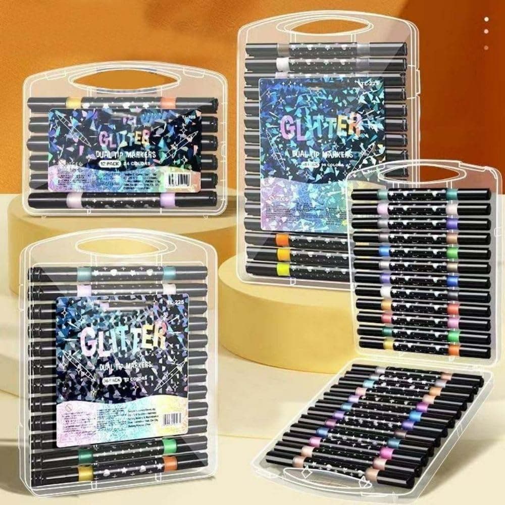 6/12/24/36/48 Caneta Metálico Glitter Marcador cabeça dupla Ponta Brilhante Dual Bicolor
