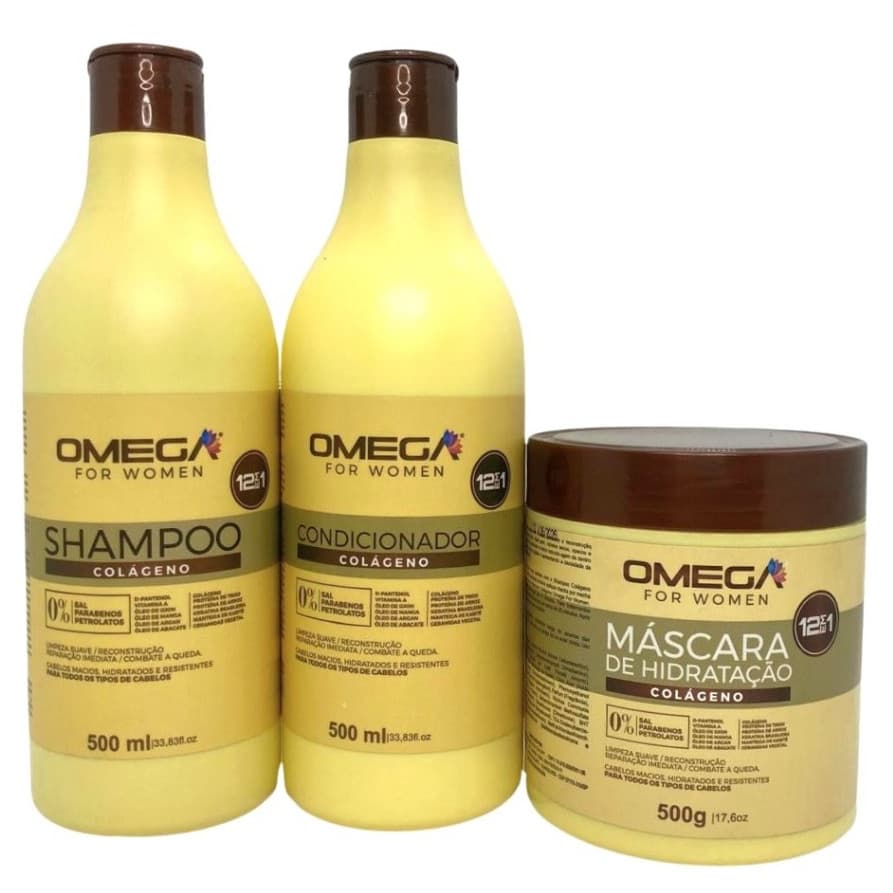 Kit Capilar Colágeno 12 ATIVOS em 1 Shampoo Condicionador e Máscara 500g Omega Hair