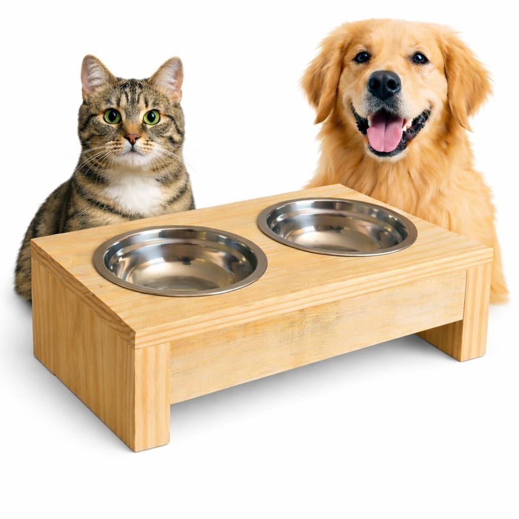 Comedouro Pet Elevado Duplo em Madeira com Cubas Removíveis – Cães e Gatos