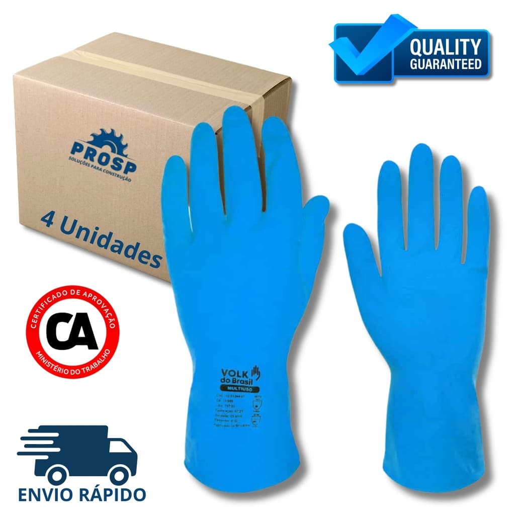 Kit 4 Pares Luva Latex AZUL Multiuso  Antiderrapante Impermeável Limpeza Louça Faxina Jardinagem