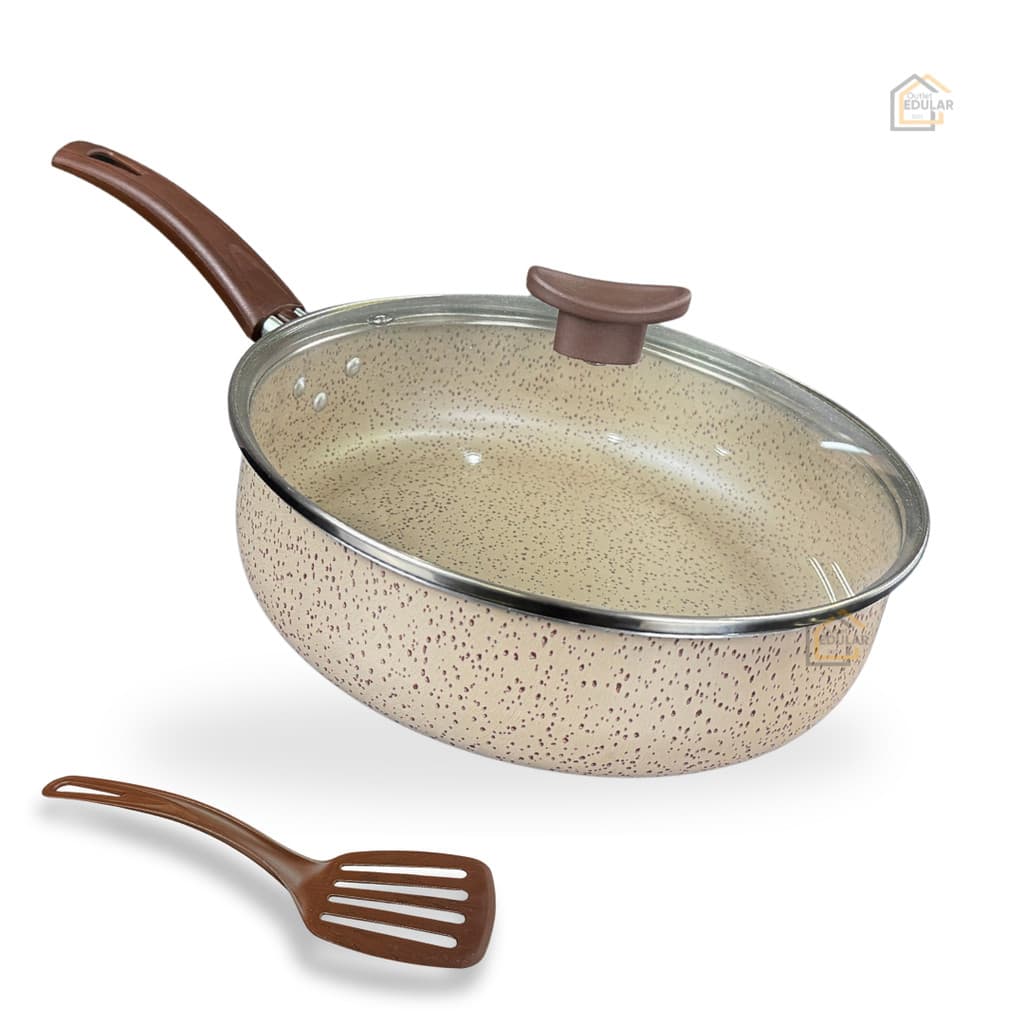 Frigideira Alta Funda 18 cm 6 Camadas Antiderente TEFLON Tampa de Vidro e Espátula Cor Vanilla Bege