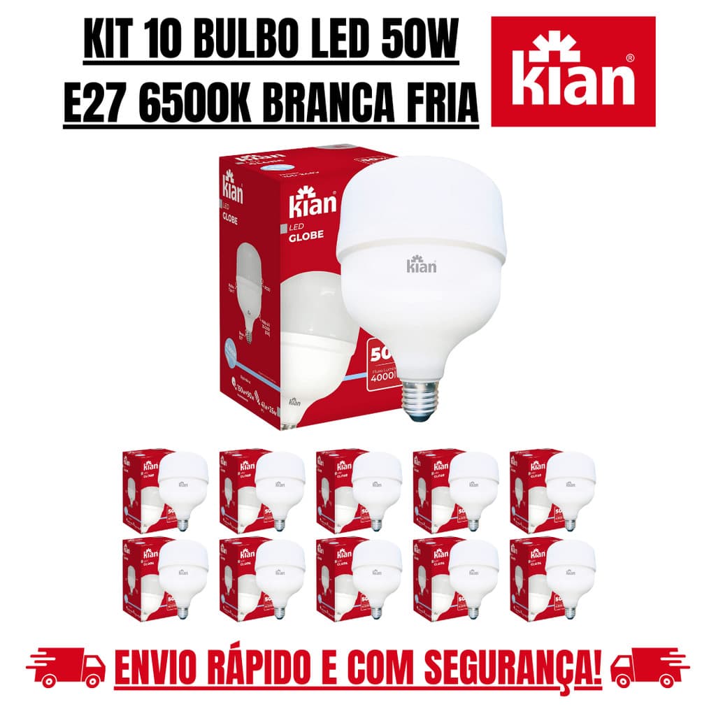 Kit 10 Lâmpada Bulbo Led 50w Branca Fria 6500k E27 Kian