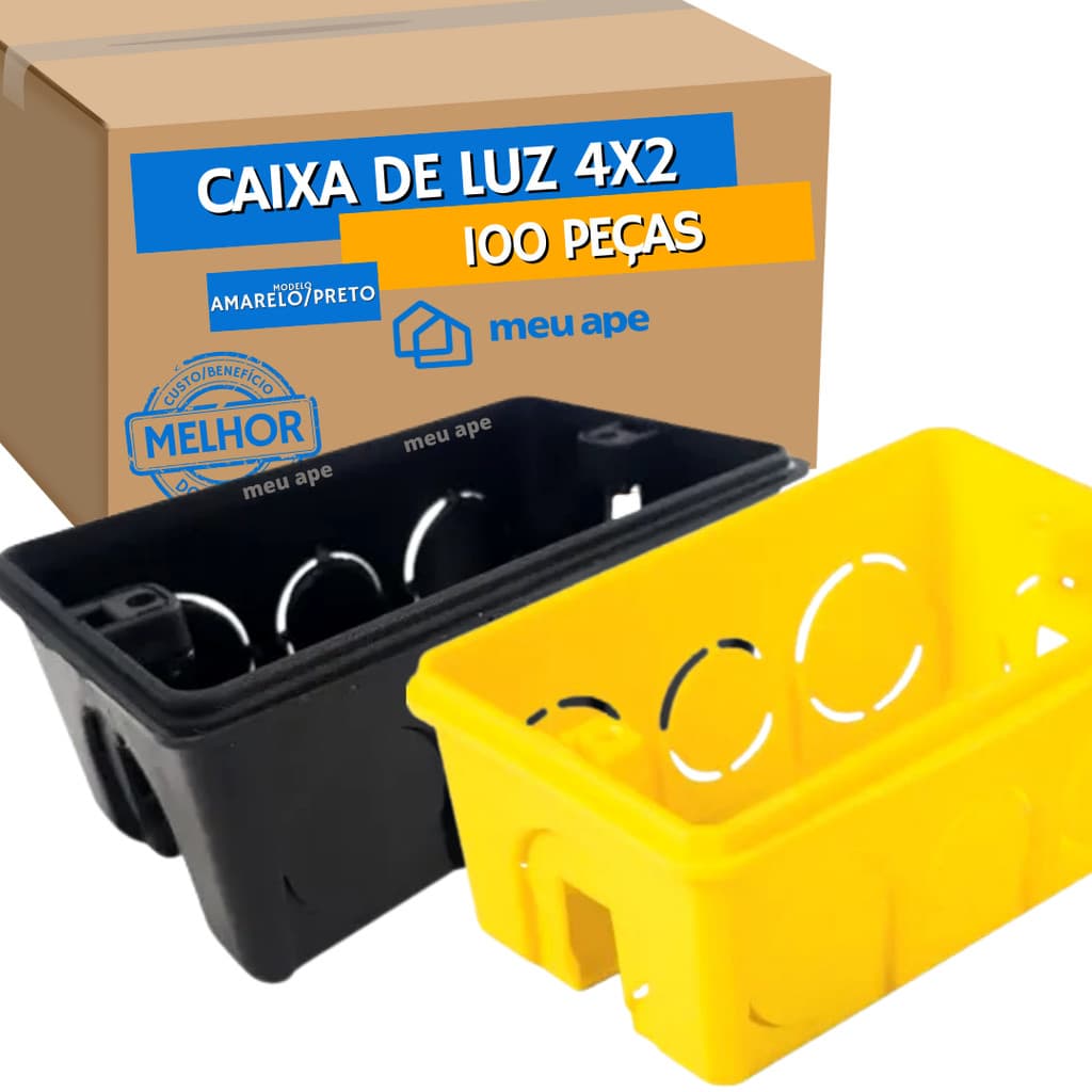 100 Caixa de Luz 4x2 Reforçada P/ Tomada Interruptor Embutir Amarelo Preto Energia
