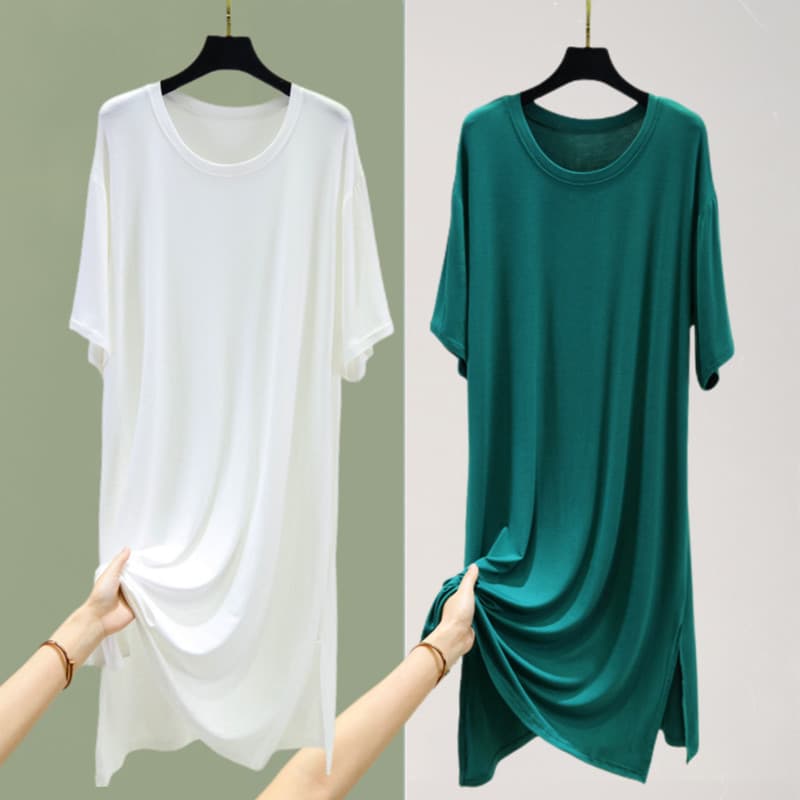 Vestido Modal de comprimento médio fino em torno do pescoço saia de fundo feminino verão exterior usar saia dividida man