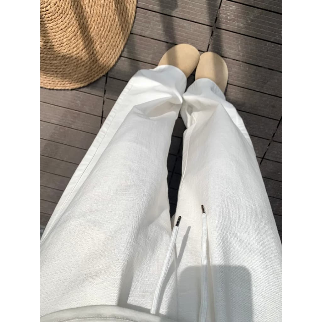 Calças de perna reta de linho de algodão branco feminino verão 2026 novo estilo cintura alta Drape pequeno solto mais ma