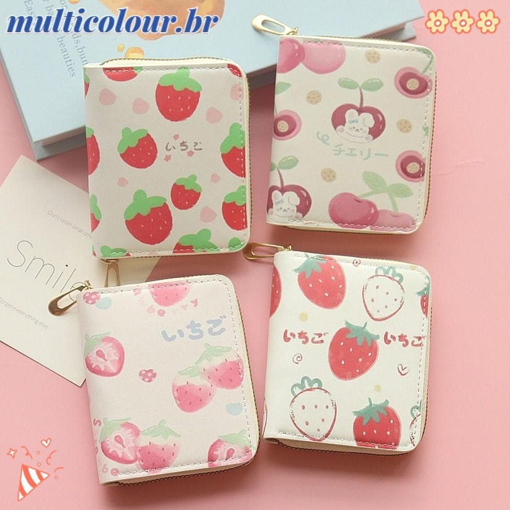 Carteira De Corrente Curta Multicolor , Bolsa De Moedas Com Padrão De Morango De Grande Capacidade , Porta-Cartões Bancá