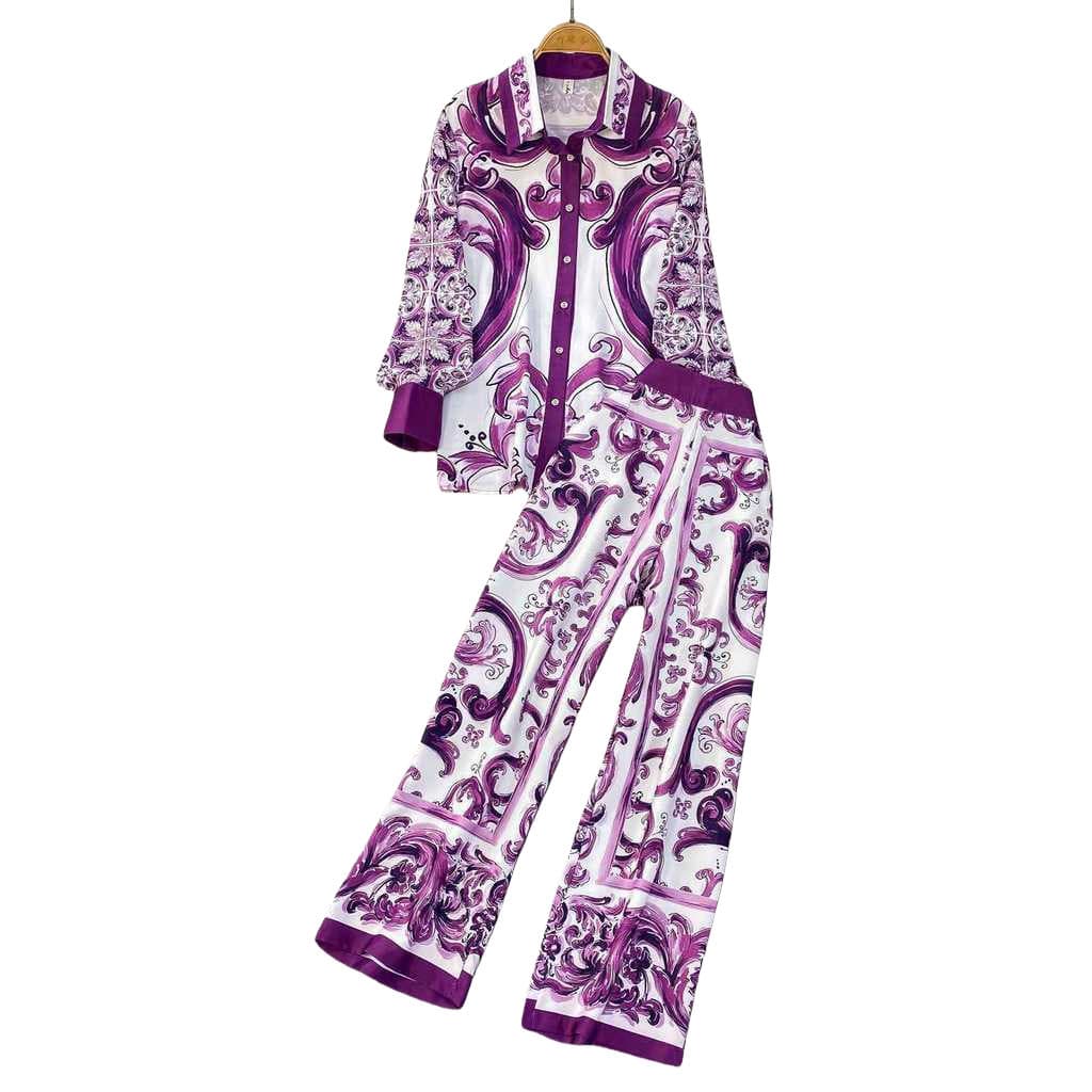 Conjunto Feminino Estilo Retro Camisa Estampada Manga Bufante E Calca Pantalona De Cintura Alta Visual Elegante