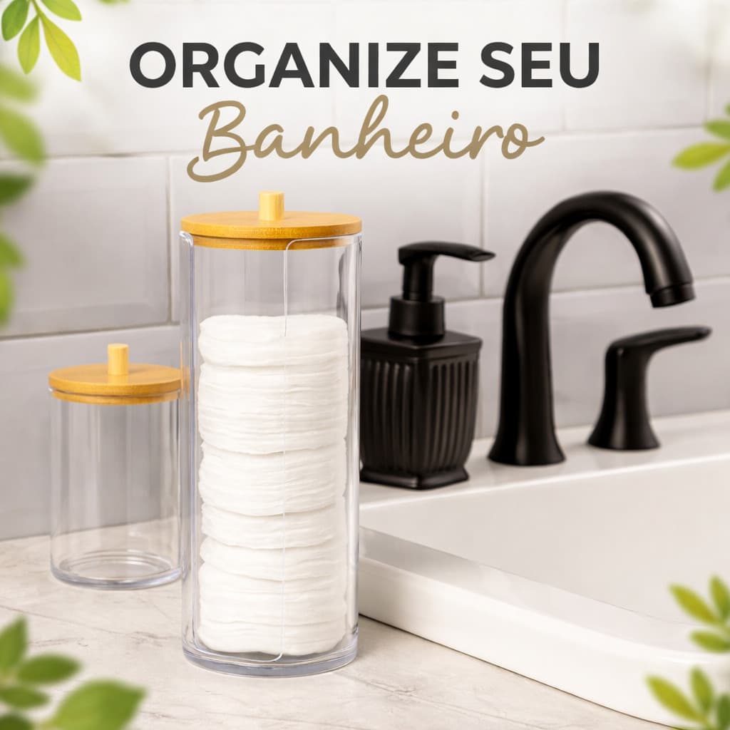 Porta Algodão Acrílico Disco Redondo Organizador Limpeza De Pele Bambu Banheiro Penteadeira