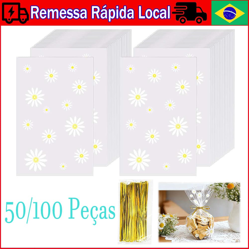 15 x 23 cm, 50/100 Peças sacos de margarida para doces, sacos de presente de plástico com laços dourados torcidos