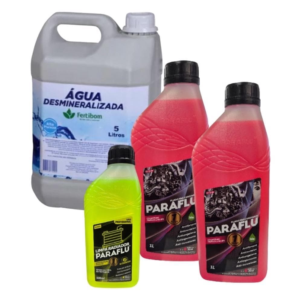 Kit Arrefecimento 2L Aditivo Paraflu Concentrado Rosa + 5L Água Fertibom + 500ml Limpa Radiador Paraflu Limpeza Sistema