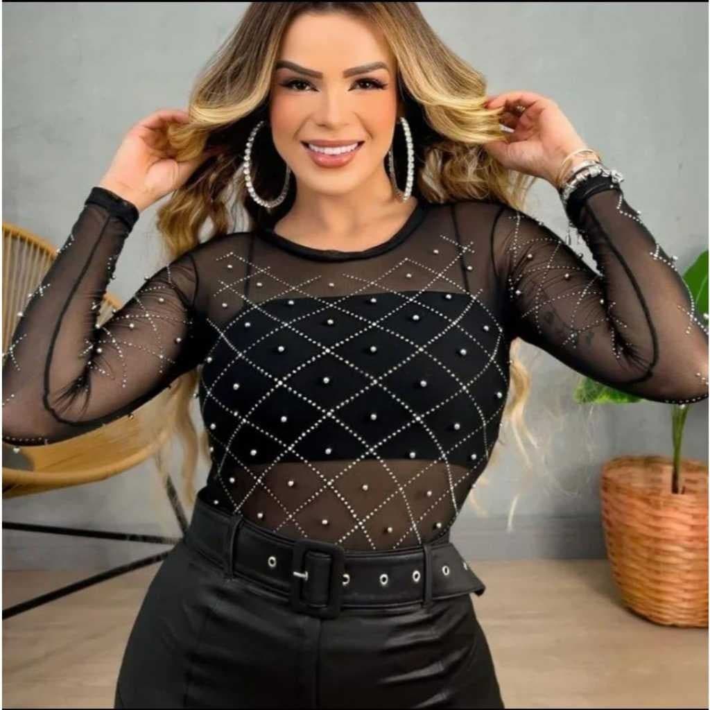 Body Tule Pedraria Transparente Manga Longa Brilho