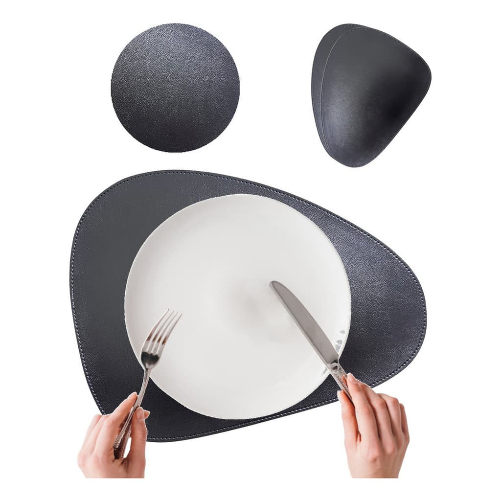 Kit Jogo Americano Oval Preto Brilho  Sousplat Face Única Descanso Prato Impermeável Liso Mesa Posta Couro