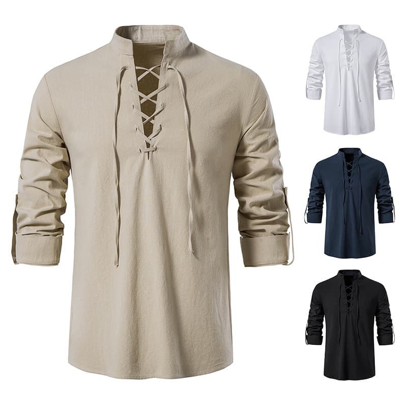Camisa masculina de algodão e linho de manga comprida Casual com gola alta