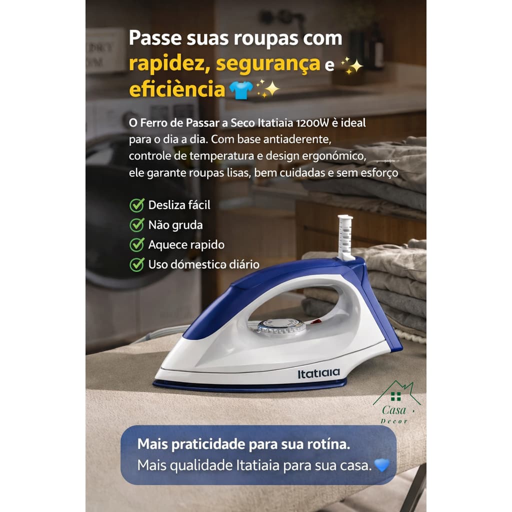 🔥 Ferro Passar a Seco Itatiaia 1200W 127V Base Antiaderentee com Controlee de Temperatura🔥