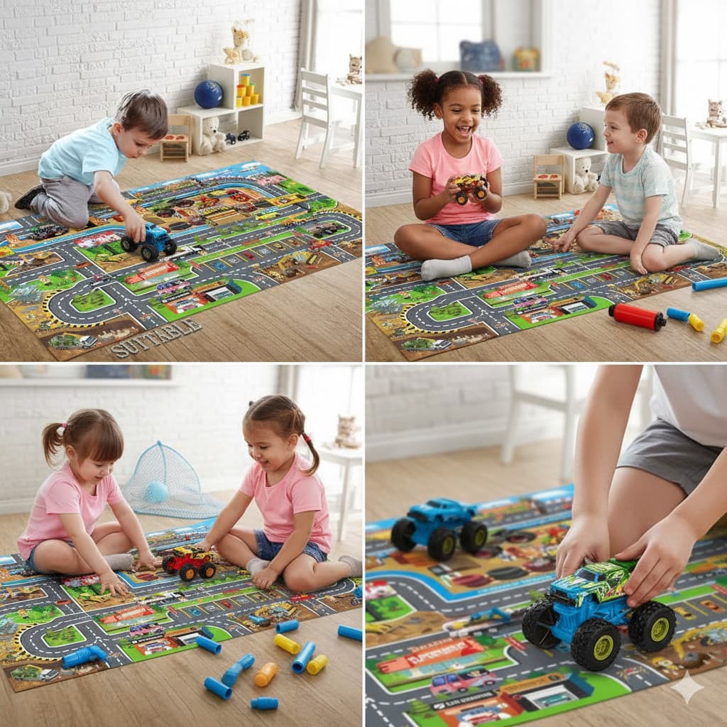 Kit Carrinho Infantil Com Tapete Cidade Acessórios Funcionais Bebê Brinquedo Estimular Imaginação