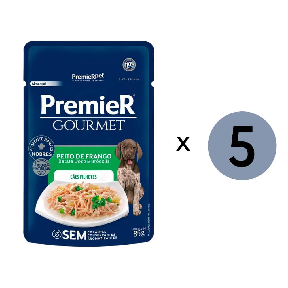 Kit 5 Ração Premeir Cães Sachê Gourmet Filhote Frango 85Gr