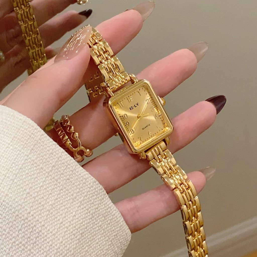 Feminino Retro Ouro Quadrado Relógio De Quartzo Luxo Elegante Pulseira Simples Versátil Pulso
