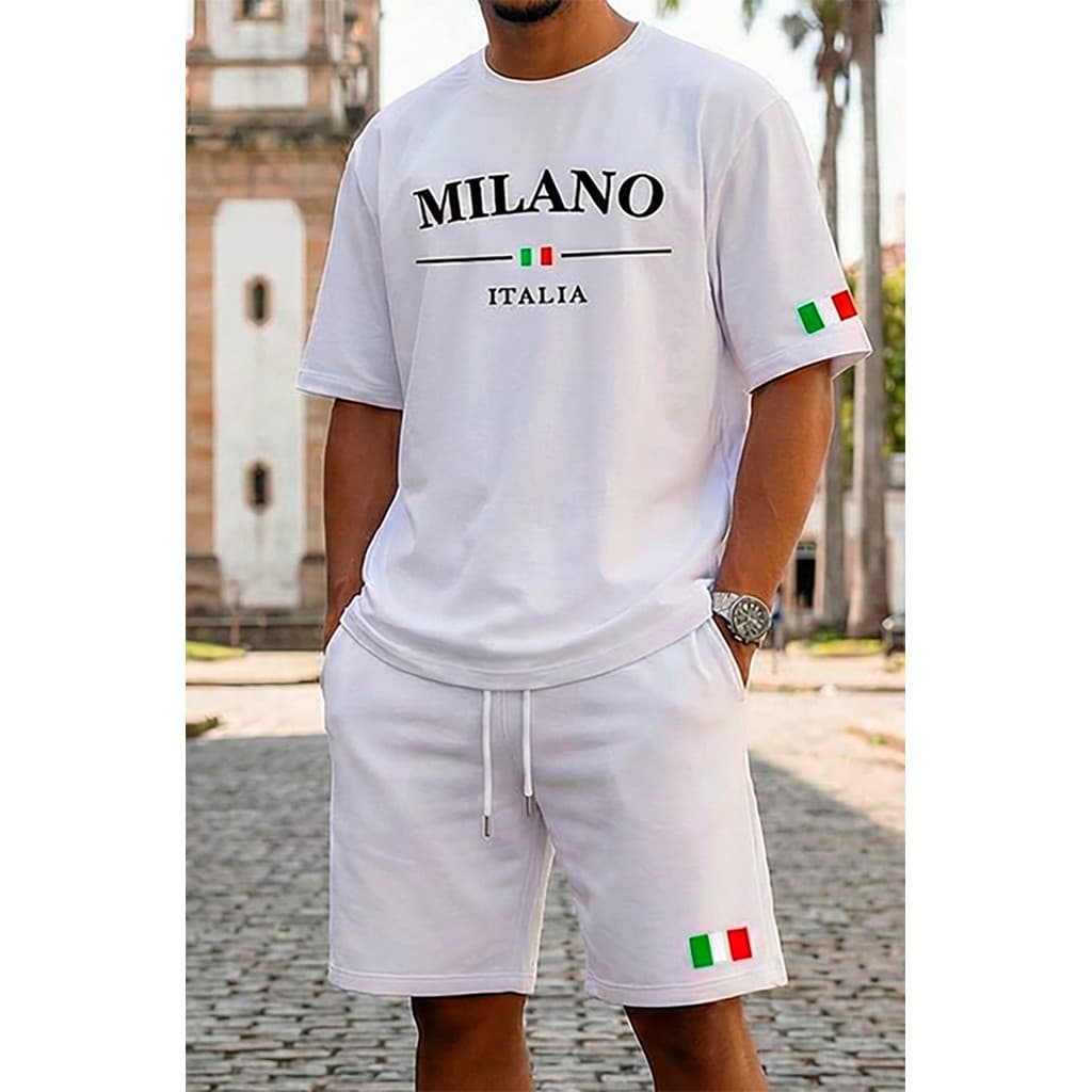 Conjunto Camiseta Short Moletom Milano Itália Estampado Bermuda com Bolso