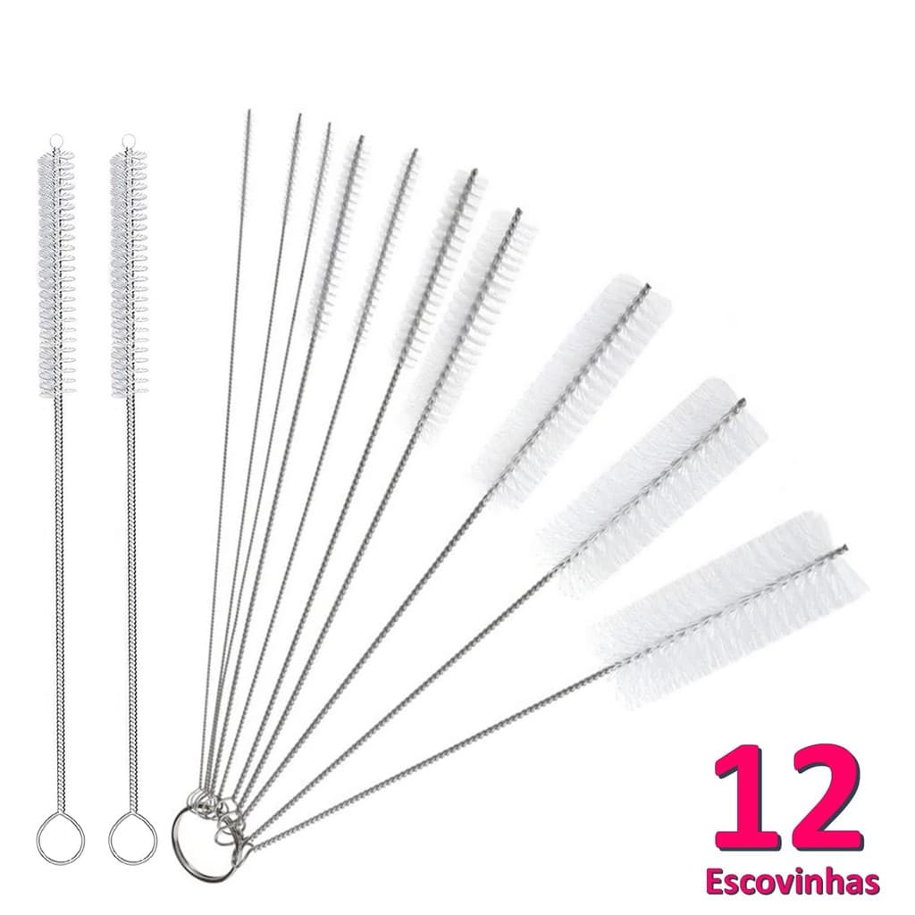 Kit 10 Escovas Limpeza Multiuso + 2 Escovas Haste Inox Cerdas Nylon p/ Canudos