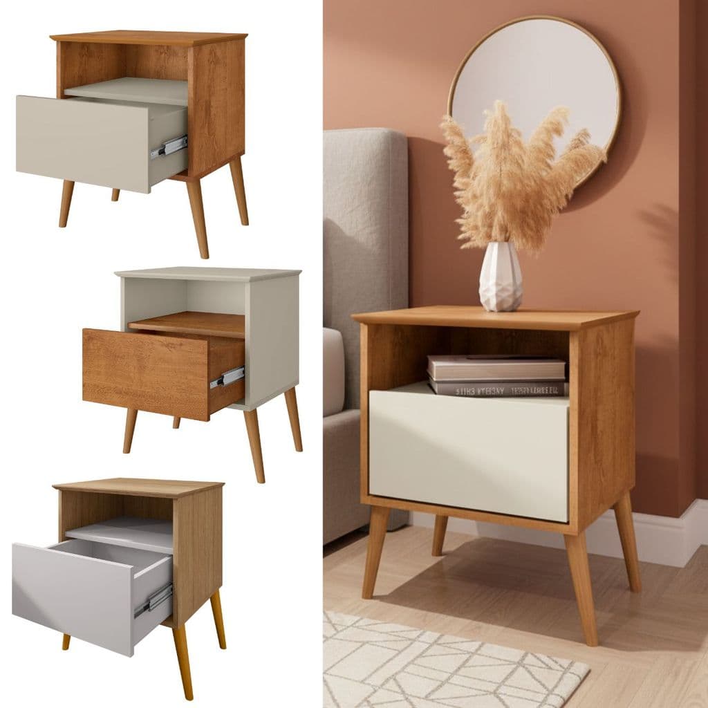 Mesa de Cabeceira Criado Mudo Quarto Gaveta Nicho Pés Madeira Maciça Estilo Moderno Compacto