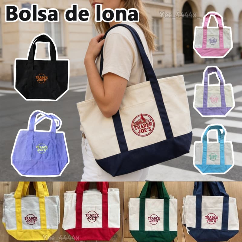Trader Joe's Canvas Tote Reutilizável Bordado Sacola Com Alça Para Compras De Mercearia Praia Viagem Trabalho Escola iad