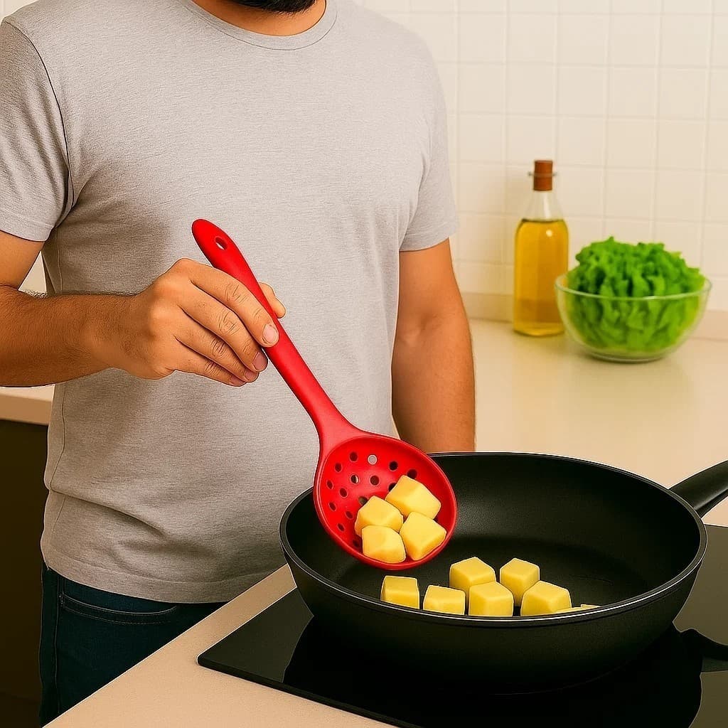 Escumadeira Silicone Vermelha Fritura Pegador Talheres Batata Concha Cozinha Escorrer Óleo