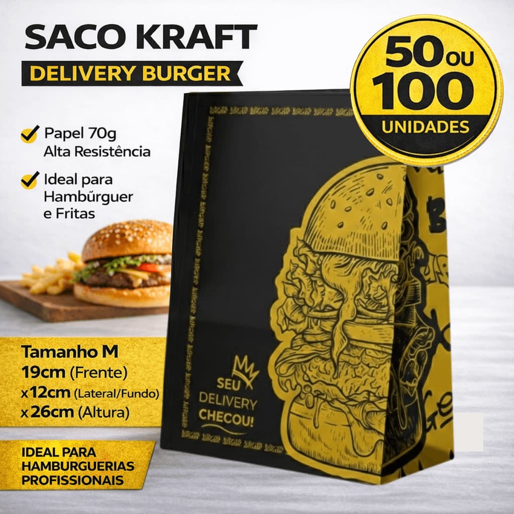 Saco Kraft SOS para Delivery Premium Hamburgueria Fast Food 50 ou 100 Unidades Tamanho M