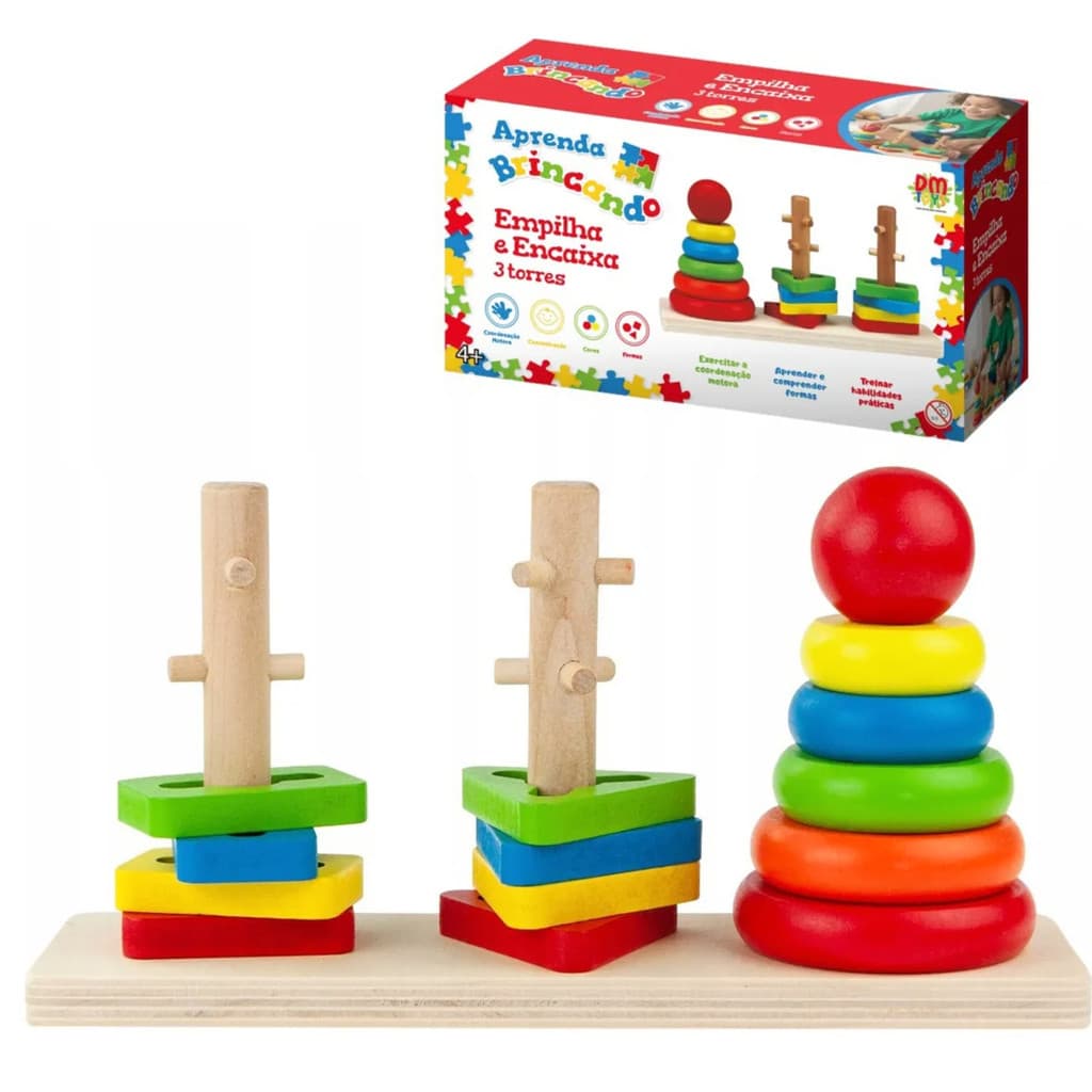 Brinquedo Educativo Infantil 3 Torres Empilha Encaixa Madeira