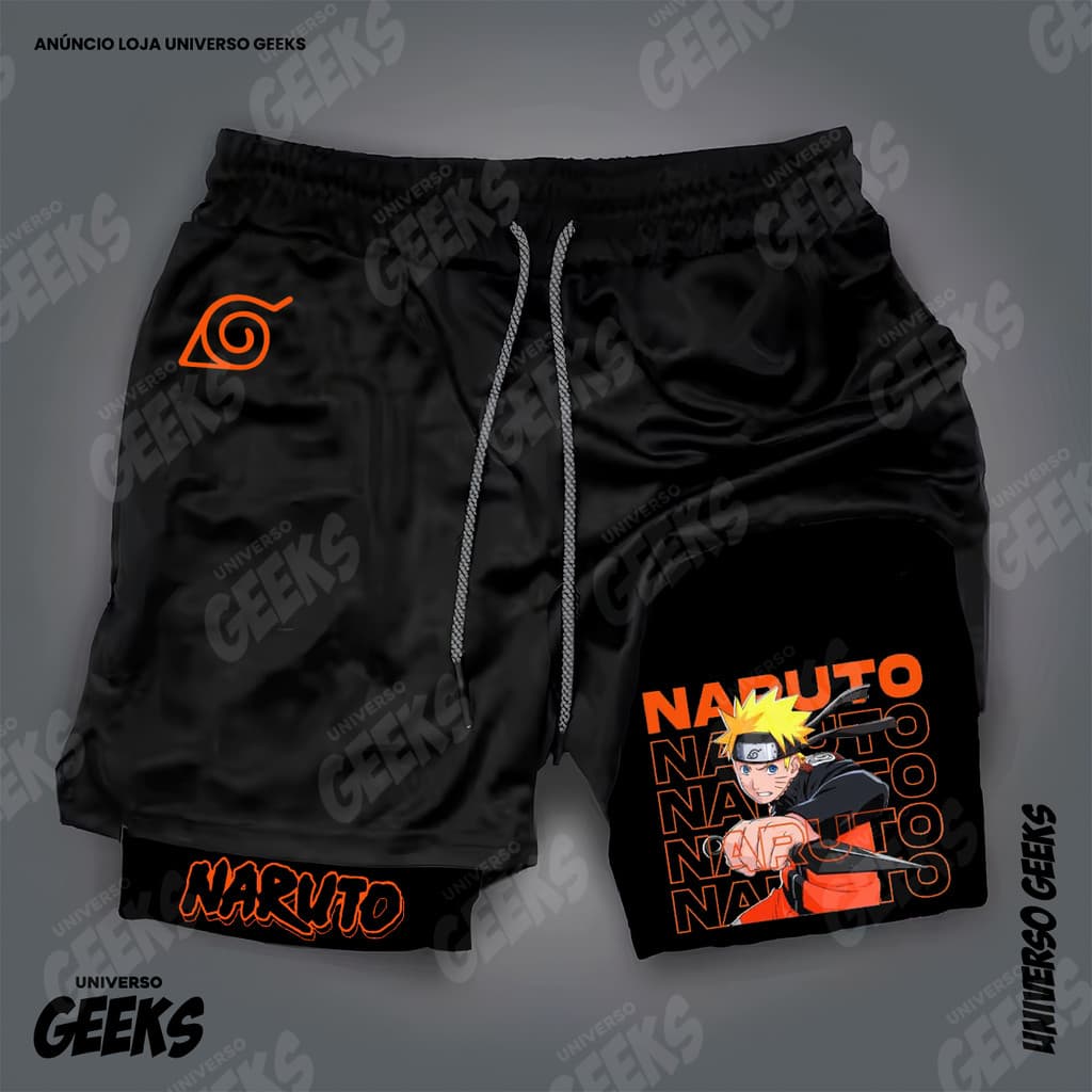 Short 2 em 1 Compressão  Dry-Fit Estampado Naruto Itachi Sharigan Kakashi Sasuke Obito Madara Anime Geek Gym Fitness