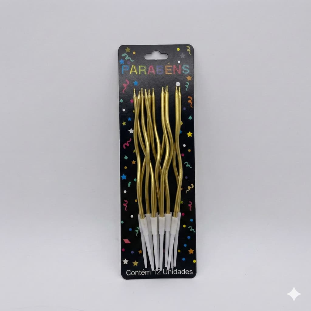 VELA PALITO TORCIDA DOURADA METALIZADA PARA COMEMORAÇÕES , 14CM, CARTELA C/ 12PÇS