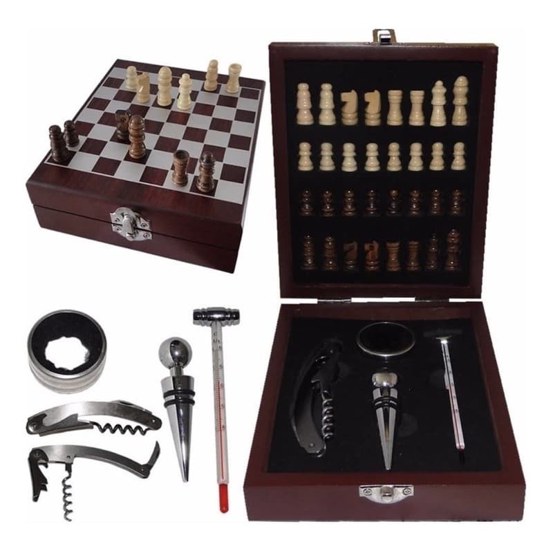 Kit Abridor De Vinho 4 Peças Maleta E Jogo Xadrez De Madeira - Luxo