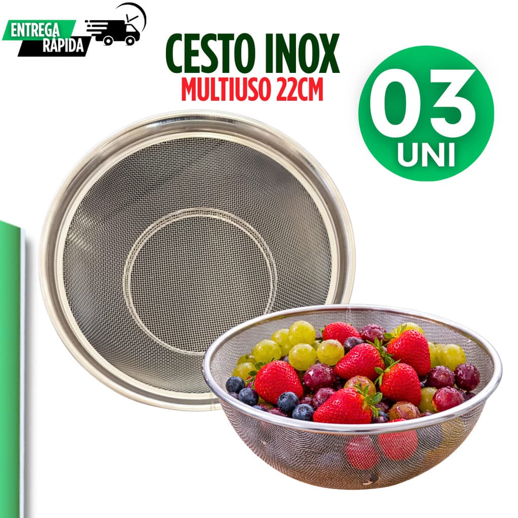 Cesto De Inox Escorredor 22CM Para Lavar Alimentos Arroz Legumes Frutas Massas Resistente Multiuso