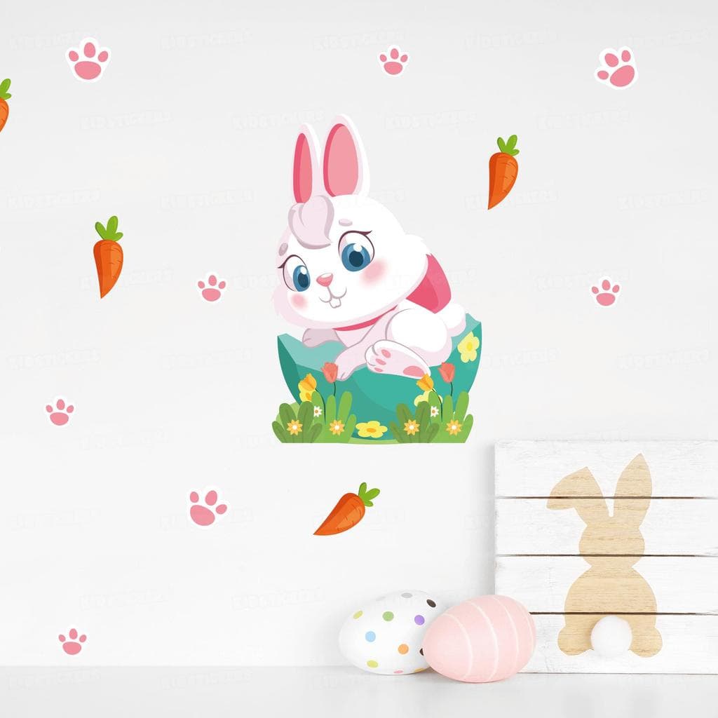 Adesivos de Parede Páscoa com coelho, cenouras e patinhas ilustradas para decoração temática