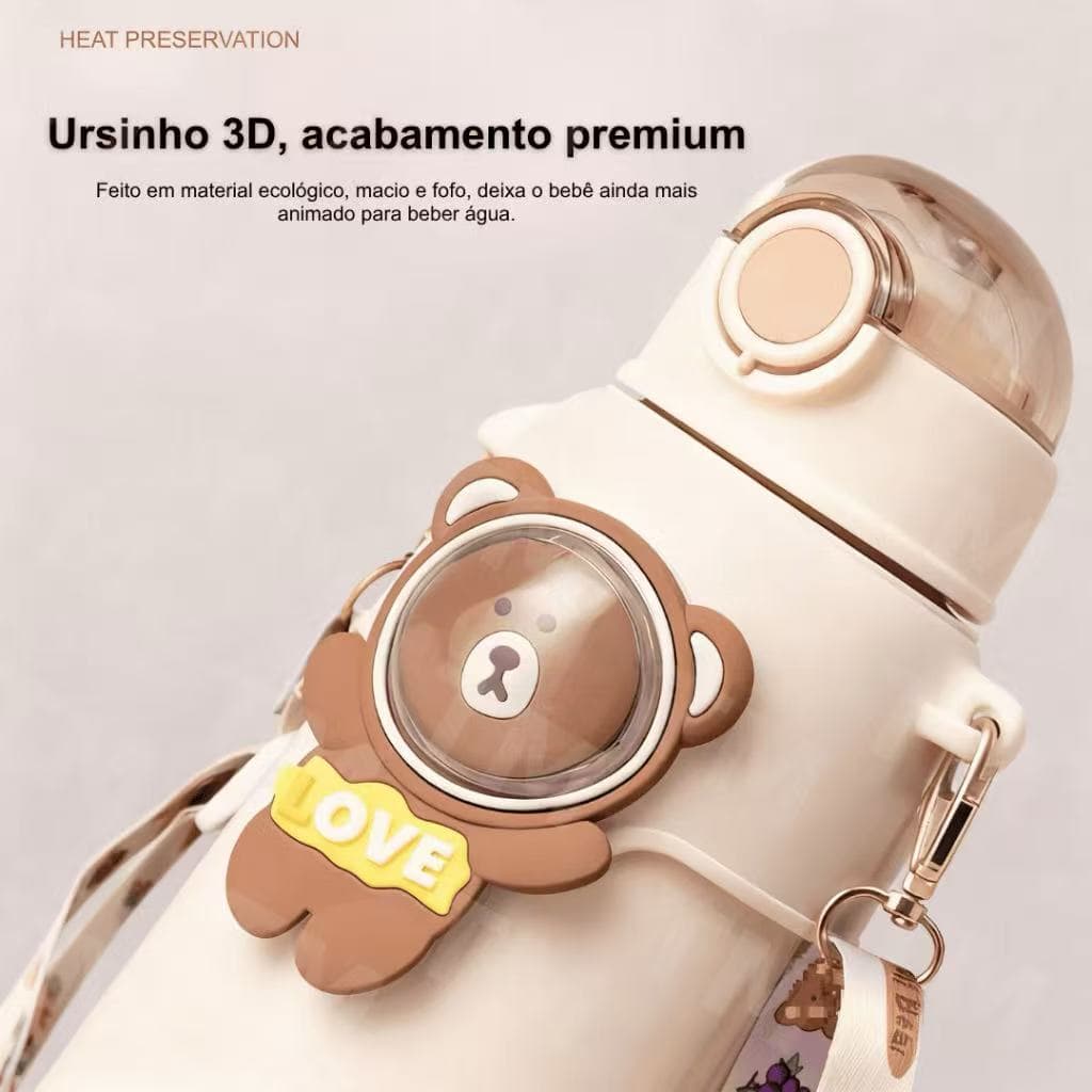 Garrafa Térmica Infantil Aço Inox 316 com Canudo Silicone, Anti-Vazamento e Alça Ursinho 3D