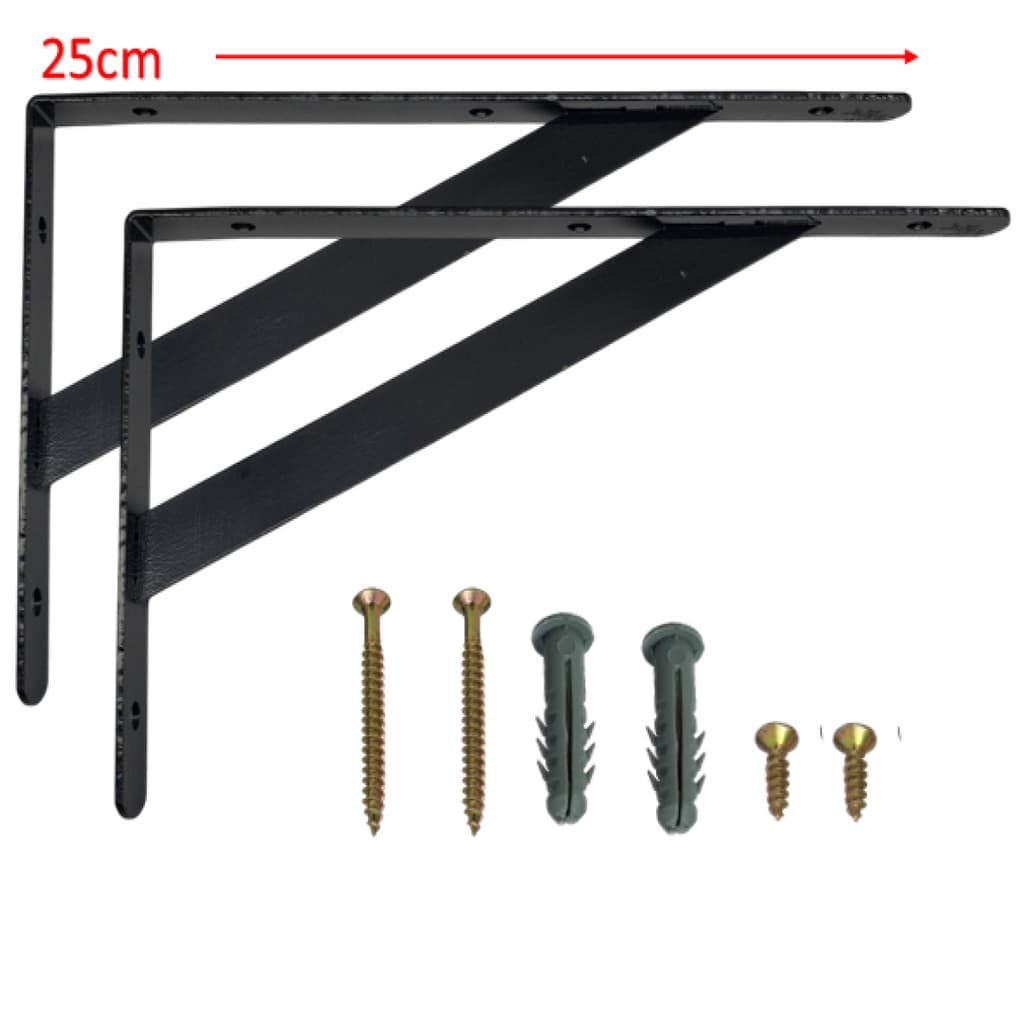 1 Par de Suporte Prateleira 25cm Reforçado Cantoneira Aço Preto Mão Francesa Com Bucha e Parafuso